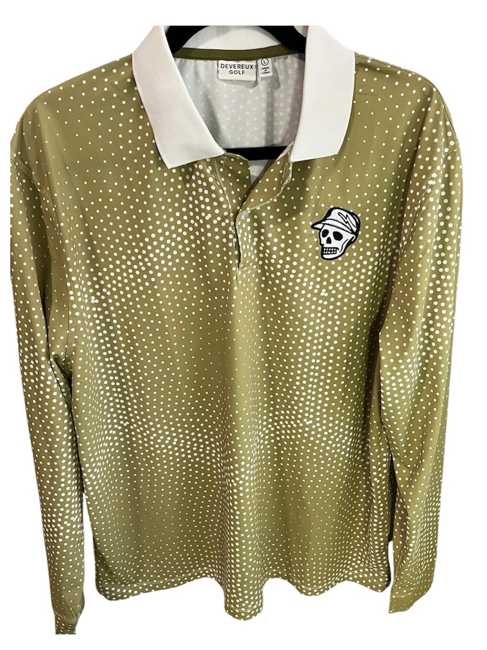Devereux Golf Men Long Sleeve Polo Olive Polka Dot Skull Design Size Large